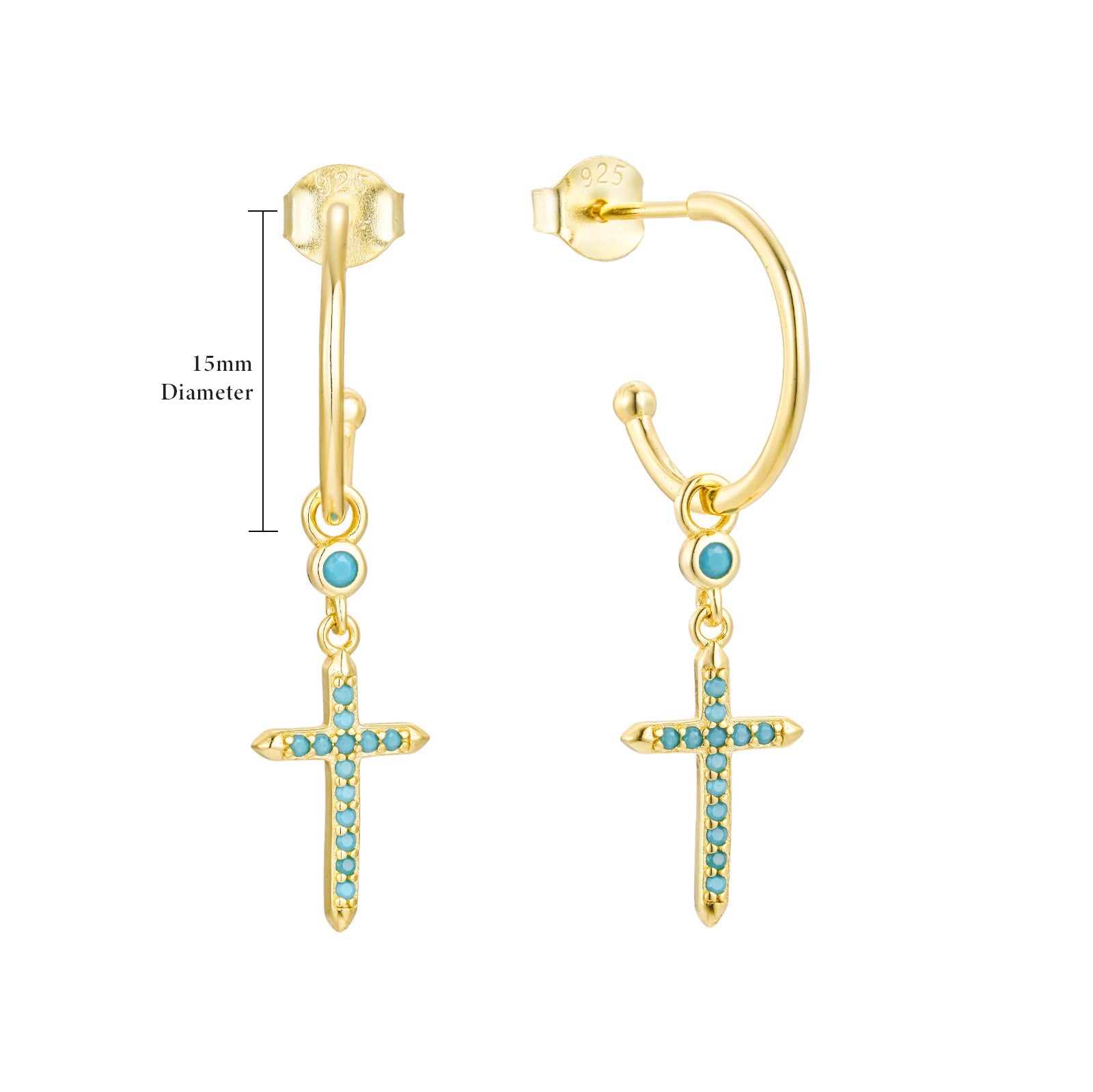 hoops small earrings with turquoise color cross removeable charm on pure white background 