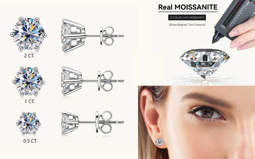 moissanite diamond-shaped 3 pairs earrings with different carat weights brilliant 925 sterling silver 14k white gold plate on person displaying sizes on plain white background