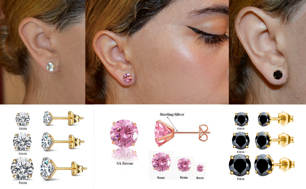  3 pairs stud earrings pink, black clear crystals with different carat weights brilliant 925 sterling silver 14k white or yellow gold plate on person ears and product part on white background