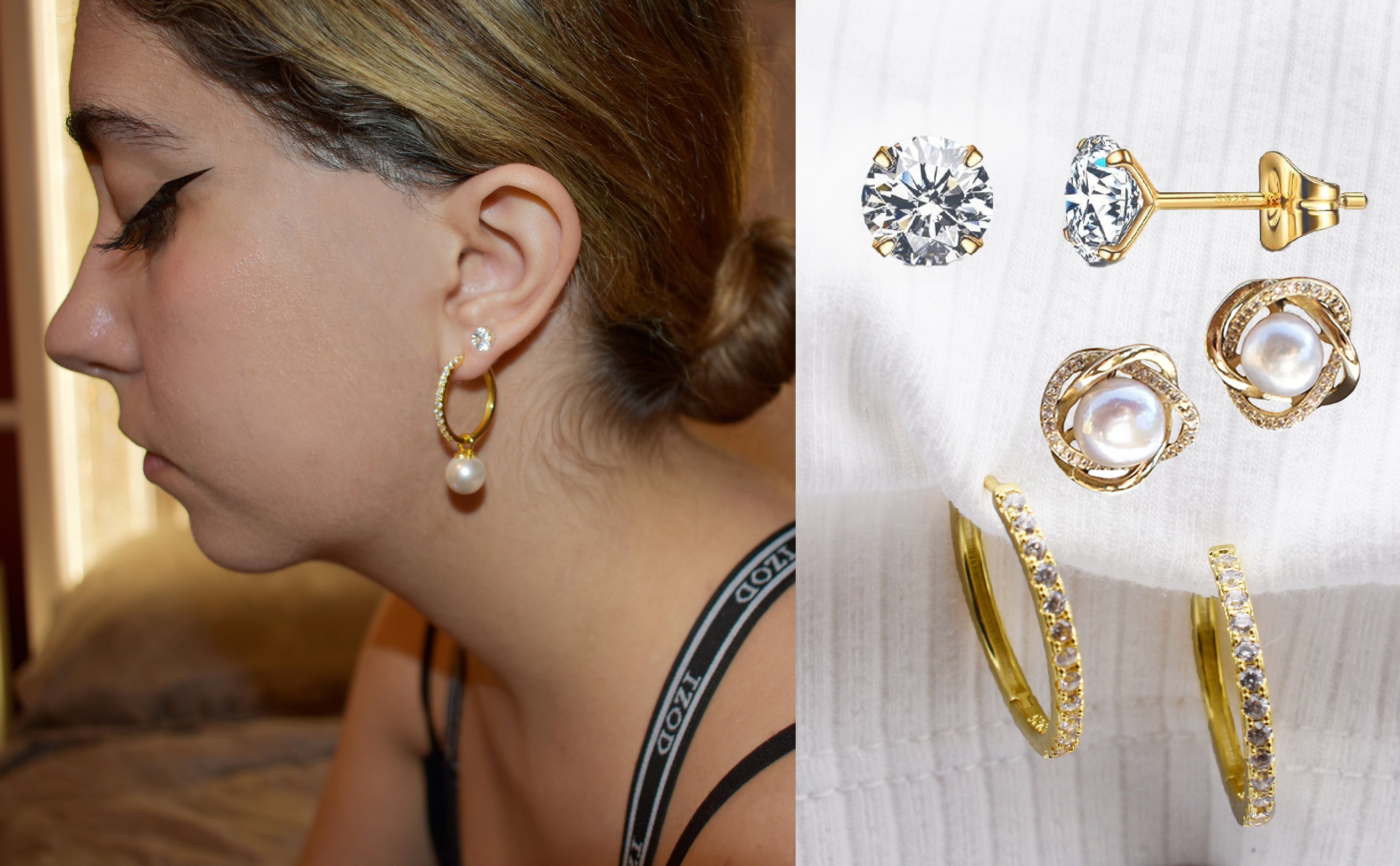 Gold earrings with pearls and crystals worn by a person, displayed on a white background.