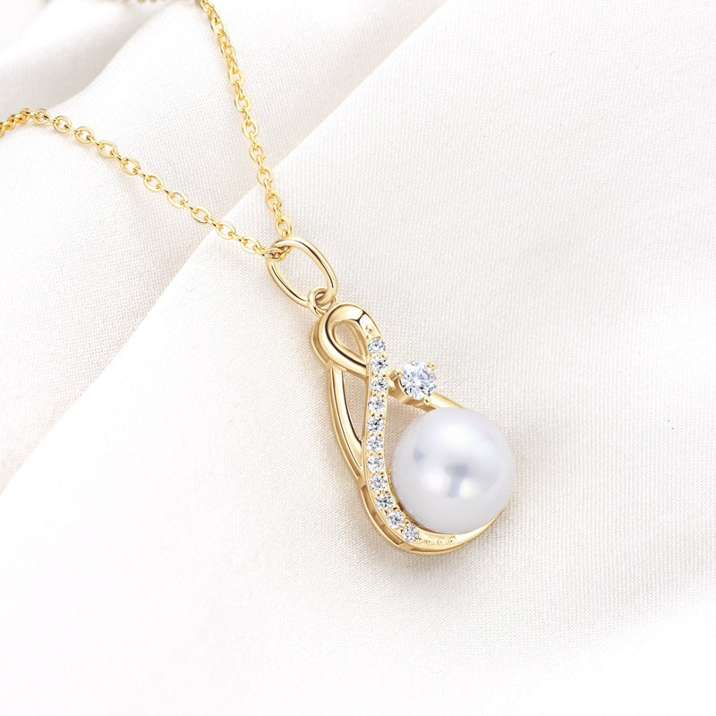 DIVA'S White 9-10mm Cultured Pearl Pendant Necklace in Sterling Silver-14K Gold Plated with Moissanite Stones Details Infinity-Classic Style