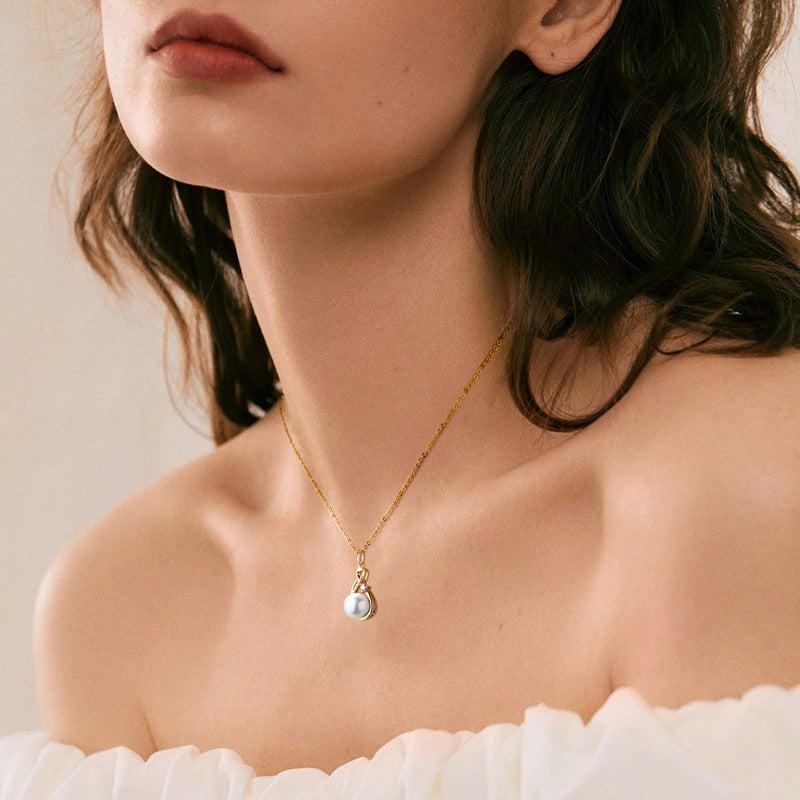 DIVA'S White 9-10mm Cultured Pearl Pendant Necklace in Sterling Silver-14K Gold Plated with Moissanite Stones Details Infinity-Classic Style