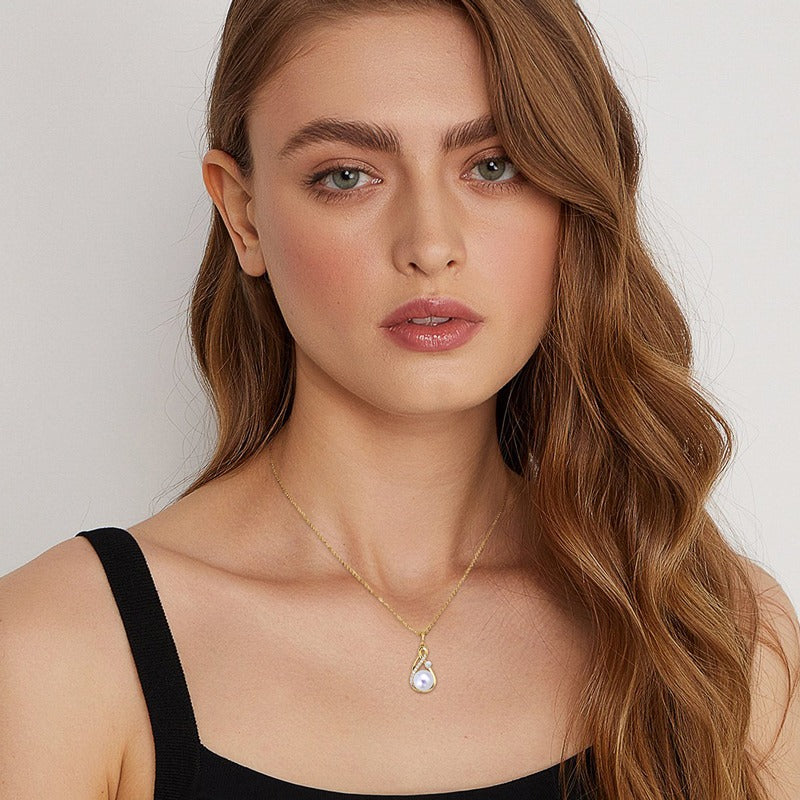 DIVA'S White 9-10mm Cultured Pearl Pendant Necklace in Sterling Silver-14K Gold Plated with Moissanite Stones Details Infinity-Classic Style