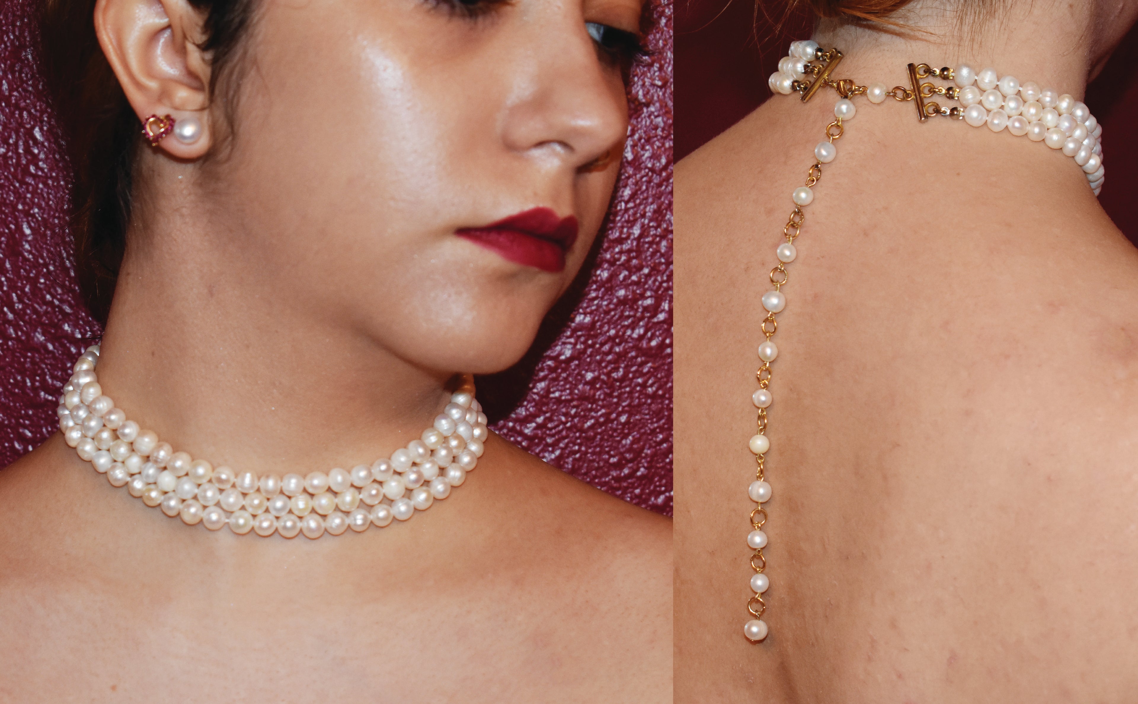 Onyx & Cultured Pearl Three-Row Set - Choker/Necklace with Matching Stud Earrings