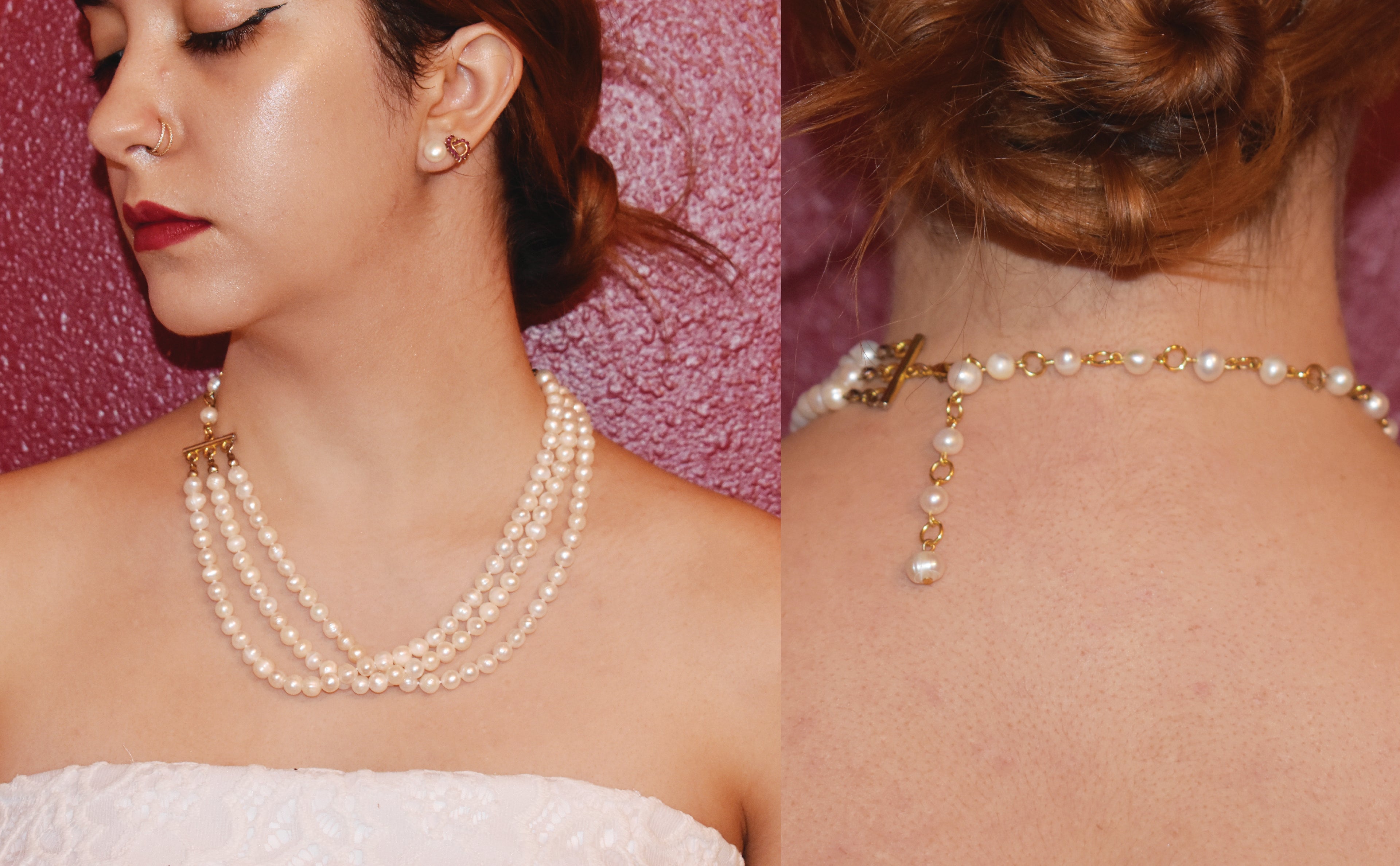 Onyx & Cultured Pearl Three-Row Set - Choker/Necklace with Matching Stud Earrings