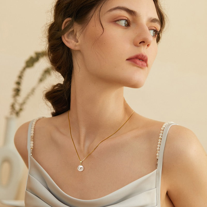 DIVA'S White 9-10mm Cultured Pearl Pendant Necklace in Sterling Silver-14K Gold Plated with Moissanite Stones Details Infinity-Classic Style