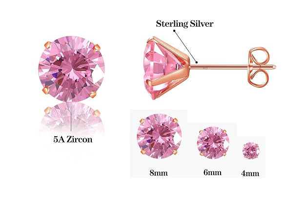 3 pairs stud earrings pink crystals with different carat weights brilliant 925 sterling silver 14k yellow gold plate showing different sizes offer on white background