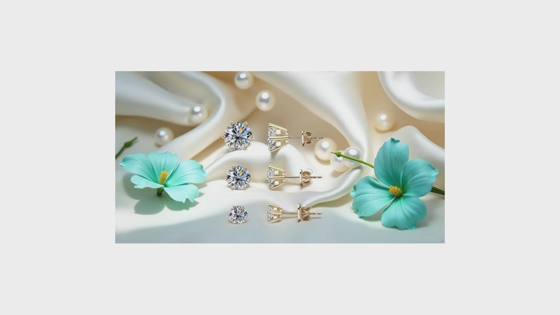 moissanite diamond-shaped 3 pairs earrings with different carat weights brilliant 925 sterling silver 14k yellow gold plate on beige silky fabric and turquoise flowers background 