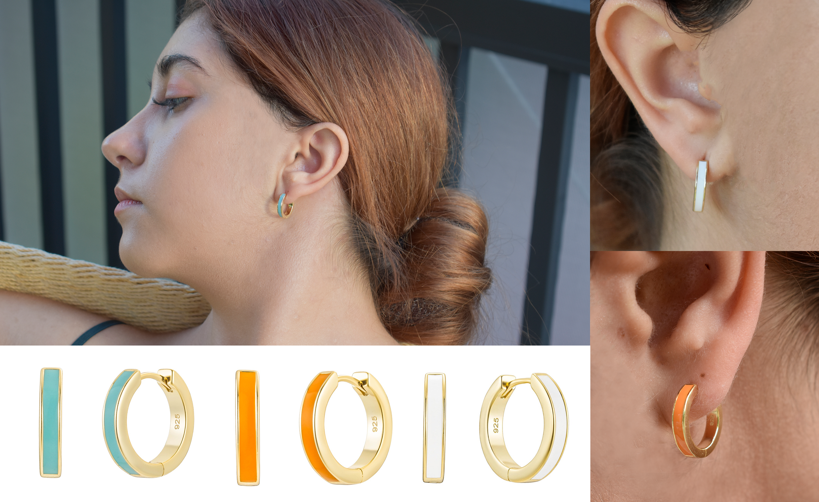 hoops earrings enamel sterling silver 925 14k gold-plated on modeling 