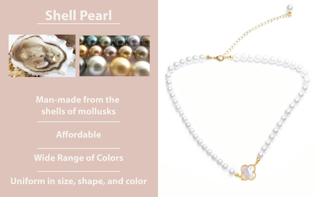 Shell pearl necklace with oyster and pearls on a pink background explaining shell pearl properties 
