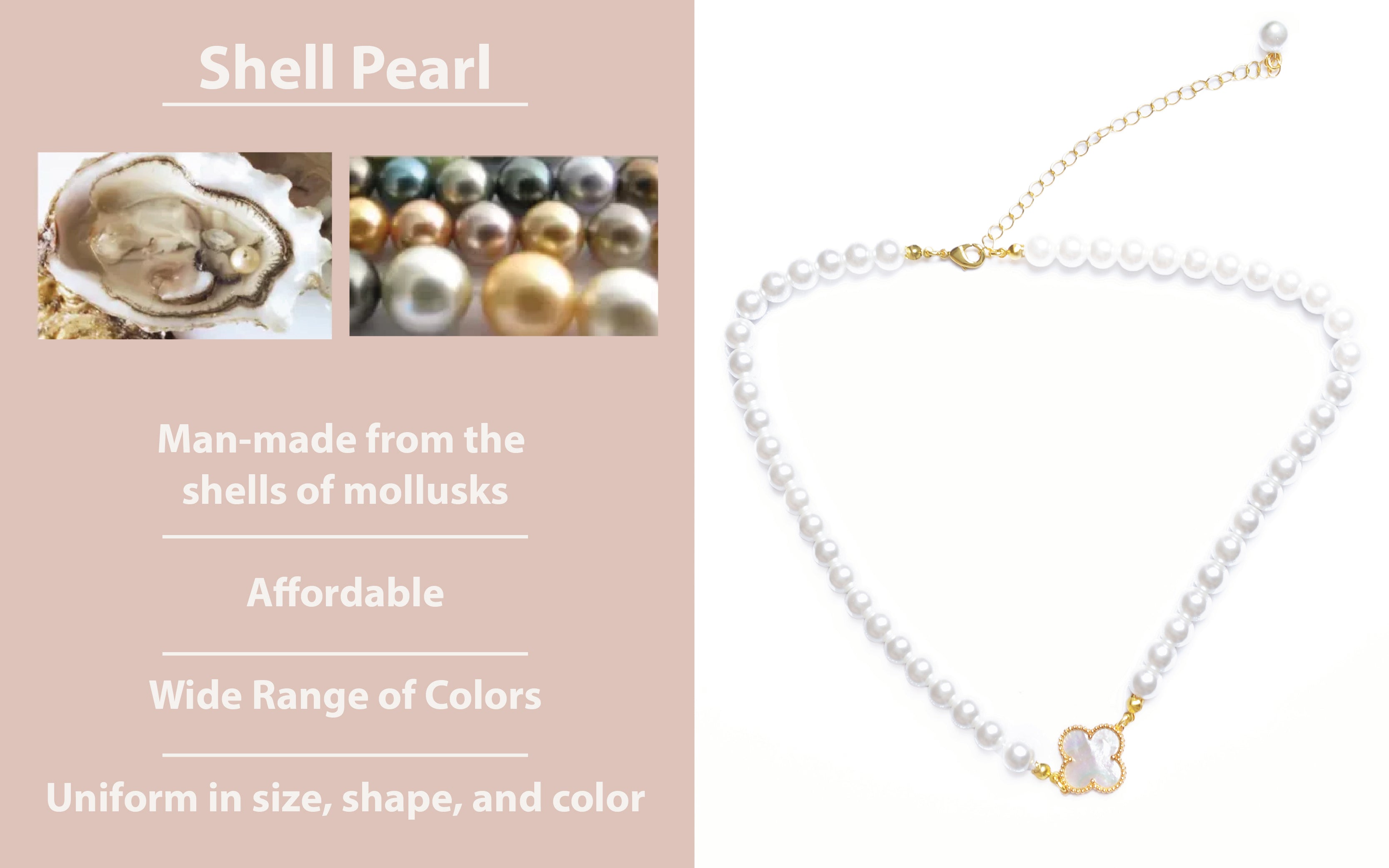 Shell pearl necklace with oyster and pearls on a pink background explaining shell pearl properties 